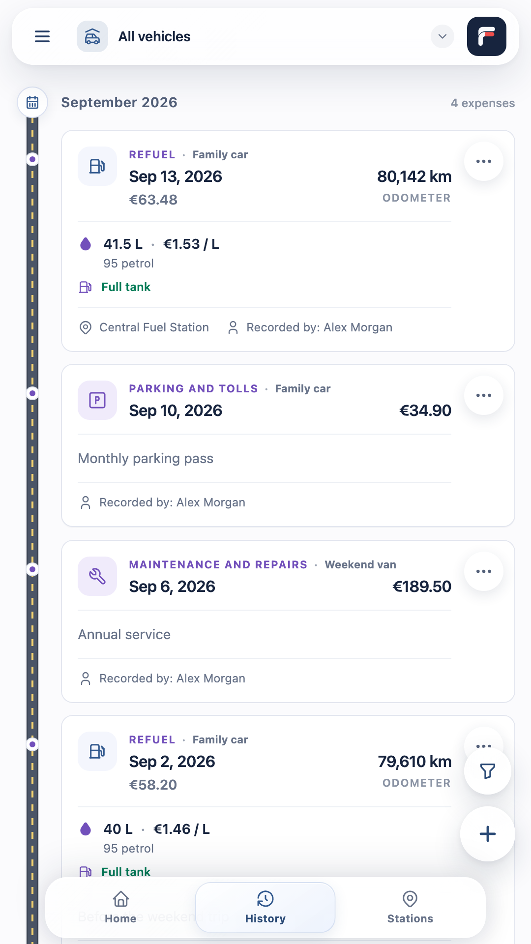 Example Fuelico history showing refuels and expenses for shared vehicles.